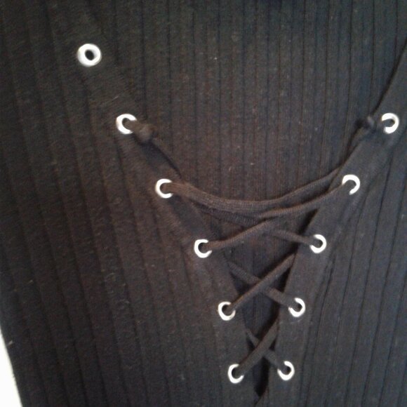 Woman-Black Lace up Rib Knit Bodysuit Long Sleeved Knit Bodysuit - - Picture 2 of 3